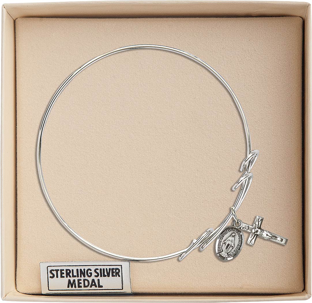 Sterling Silver Miraculous and Crucifix Round Double Loop Bangle Bracelet in Box, Bliss Manufacturing
