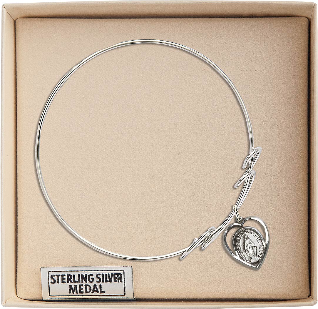 Bliss Sterling Silver Miraculous Heart Round Double Loop Bangle Bracelet