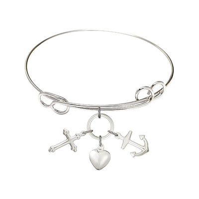 Faith, Hope & Charity Sterling Silver Medals with Rhodium-plated Double Loop Bangle Bracelet, Bliss Manufacturing