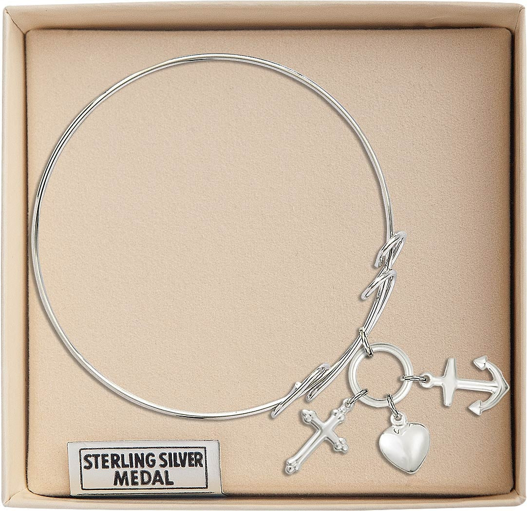 Bliss Sterling Silver Faith, Hope & Charity Round Double Loop Bangle Bracelet