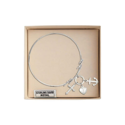 Faith, Hope & Charity Sterling Silver Medals with Rhodium-plated Double Loop Bangle Bracelet in Gift Box, Bliss Manufacturing