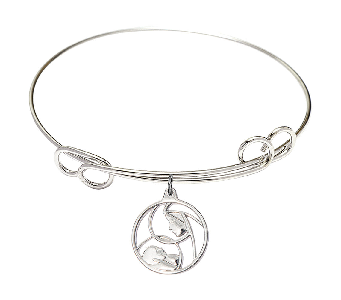 Bliss Sterling Silver Madonna and Child Round Double Loop Bangle Bracelet