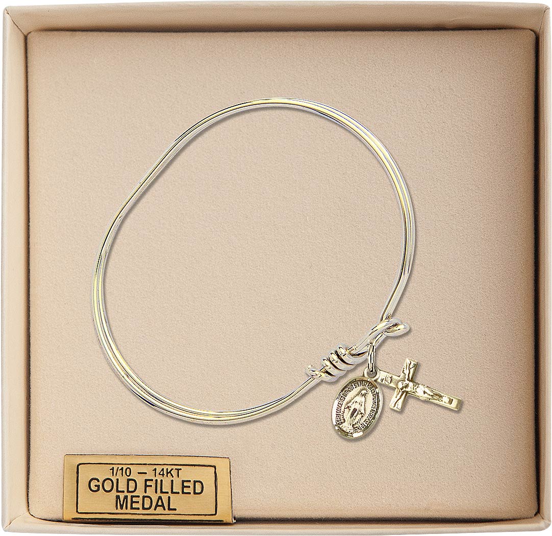 Gold-filled Miraculous and Crucifix Oval Eye Hook Bangle Bracelet (view 2), Bliss Manufacturing