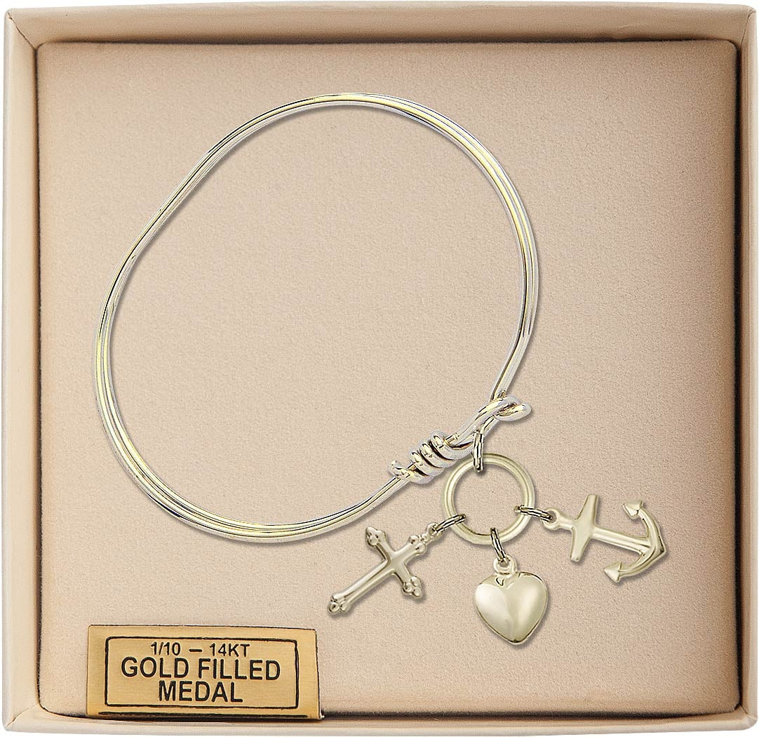 Bliss Gold-filled Faith, Hope & Charity Charm Oval Eye Hook Bangle Bracelet