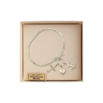 Faith, Hope & Charity Gold-filled Medals with gold-plated Oval Hook Design Bangle Bracelet in Gift Box, Bliss Manufacturing