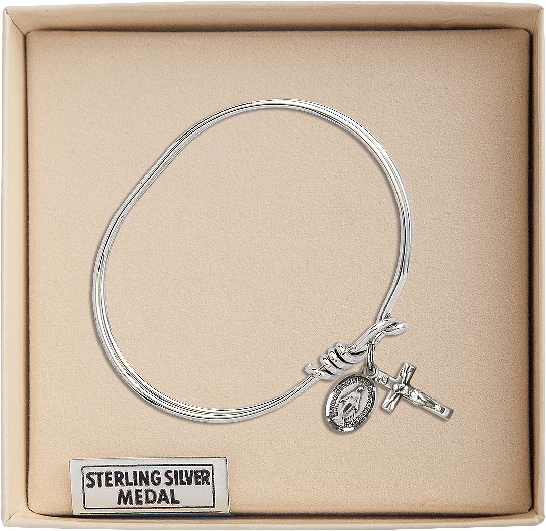 Sterling Silver Miraculous and Crucifix Oval Eye Hook Bangle Bracelet (view 2), Bliss Manufacturing
