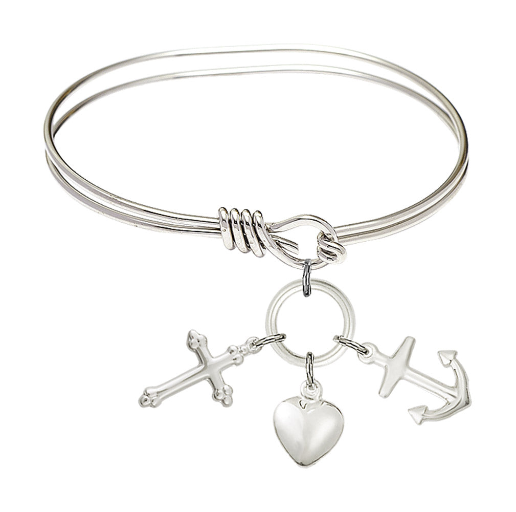 Bliss Sterling Silver Faith, Hope & Charity Charm Oval Eye Hook Bangle Bracelet