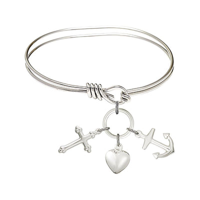 Faith, Hope & Charity Sterling Silver Medals with Rhodium-plated Oval Hook Design Bangle Bracelet, Bliss Manufacturing