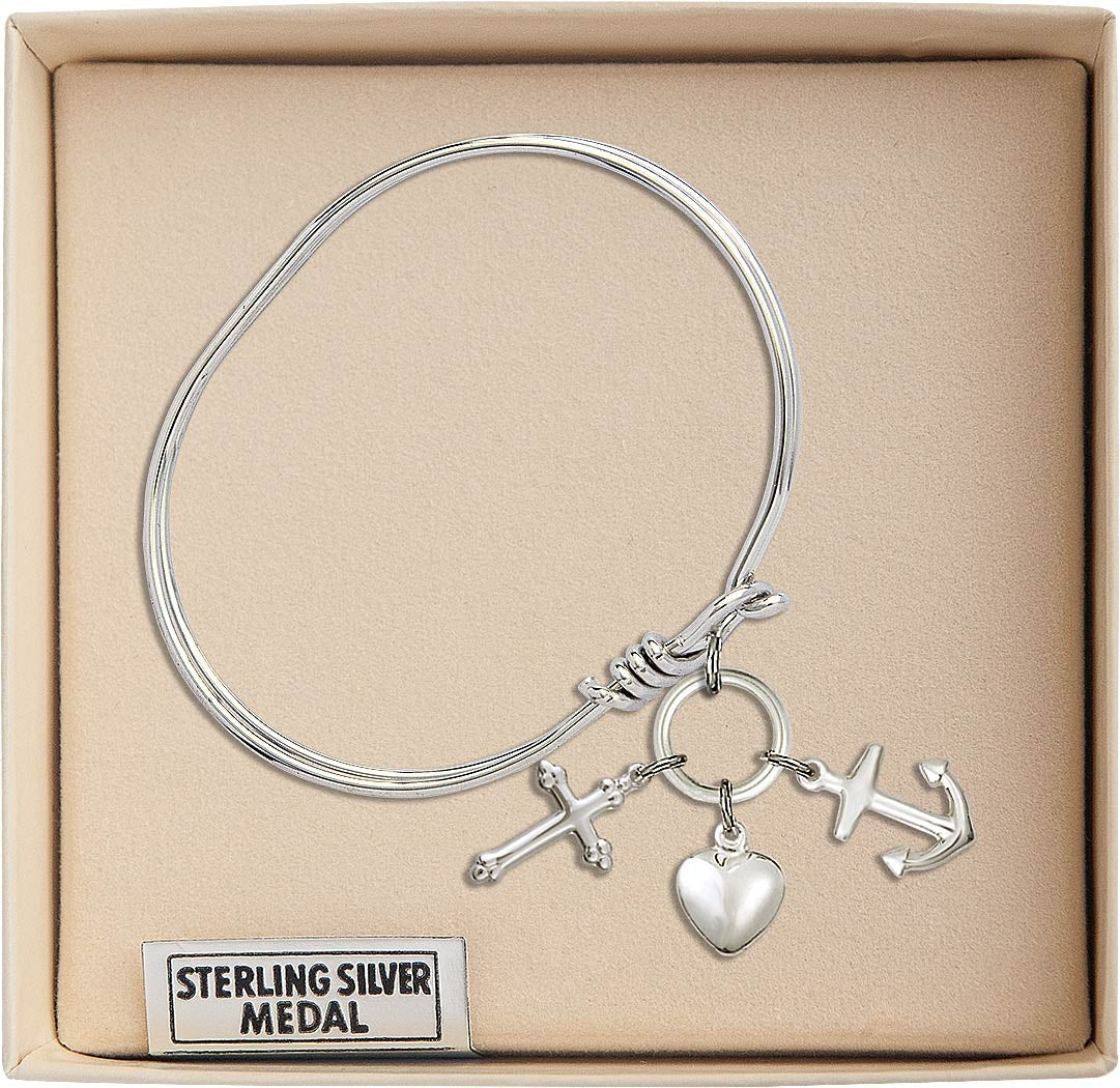 Bliss Sterling Silver Faith, Hope & Charity Charm Oval Eye Hook Bangle Bracelet