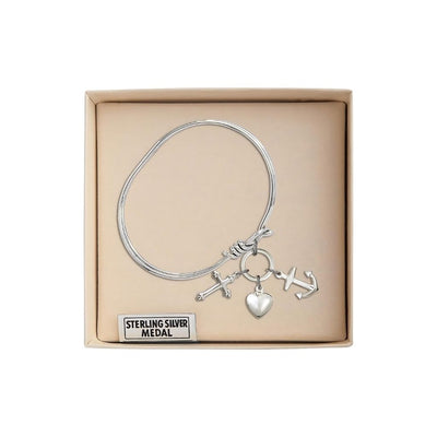 Faith, Hope & Charity Sterling Silver Medals with Rhodium-plated Oval Hook Design Bangle Bracelet in Gift Box, Bliss Manufacturing