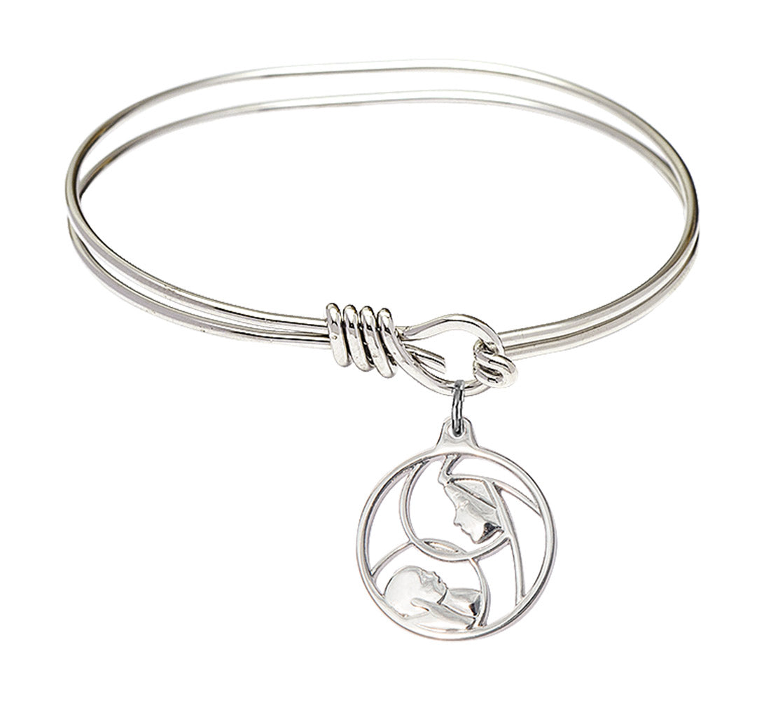 Bliss Sterling Silver Madonna and Child Charm Oval Eye Hook Bangle Bracelet