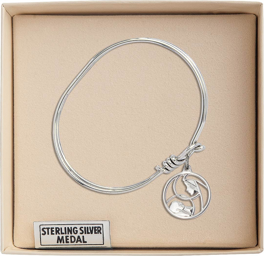 Bliss Sterling Silver Madonna and Child Charm Oval Eye Hook Bangle Bracelet