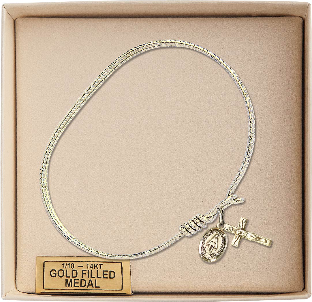 Gold-filled Miraculous and Crucifix Twist Eye Hook Bangle Bracelet (view 2), Bliss Manufacturing