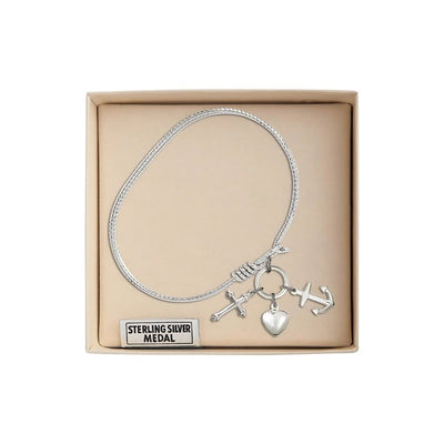 Faith, Hope & Charity Sterling Silver Medals with Rhodium-plated Twist Design Bangle Bracelet in Gift Box, Bliss Manufacturing