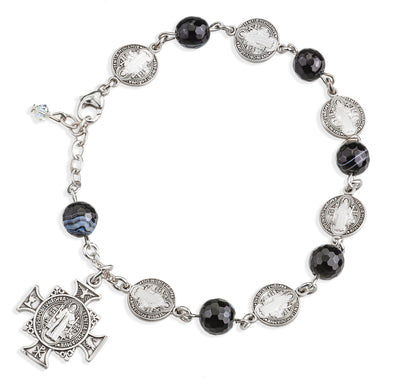 St Benedict Black Striped Agate Sterling Silver Bracelet, HMH Religious