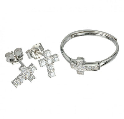 Children's Sterling Silver Cross Earrings and Cubic Zirconia Adjustable Ring is handcrafted from solid .925 sterling silver, with a beautiful cubic zirconia stone gift set, HMH Religious