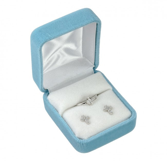 HMH Sterling Silver Cross Earrings and Ring Gift Set in Box