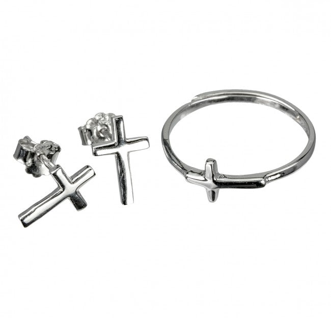 Sterling Silver Cross Earrings and Ring Children's Jewelry Gift Set