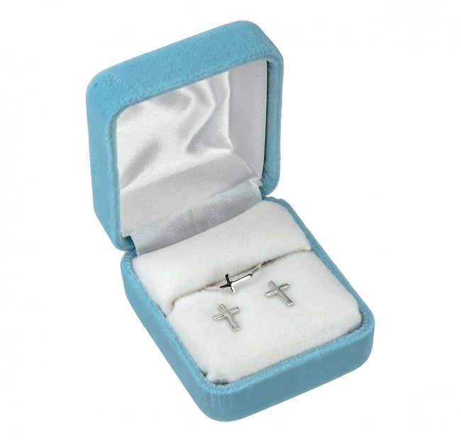 Sterling Silver Cross Earrings and Ring Children's Jewelry Gift Set in Box