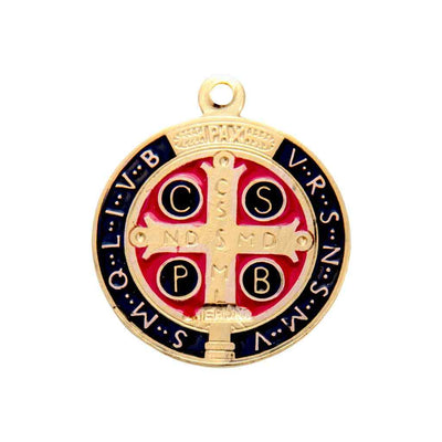 Back of the HMH Religious St. Benedict Epoxy Black & Red Round Gold over Sterling Medal (view 3)