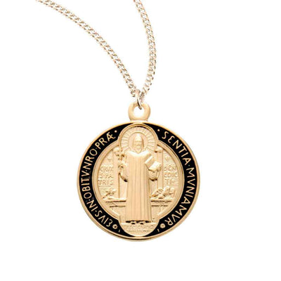 HMH Religious St. Benedict Epoxy Black & Red Round Gold over Sterling Medal, paired with an 18-inch surgical steel chain (view 1)