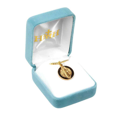 HMH Religious St. Benedict Epoxy Black & Red Round Gold over Sterling Medal, paired with an 18-inch surgical steel chain and gift box (view 4)