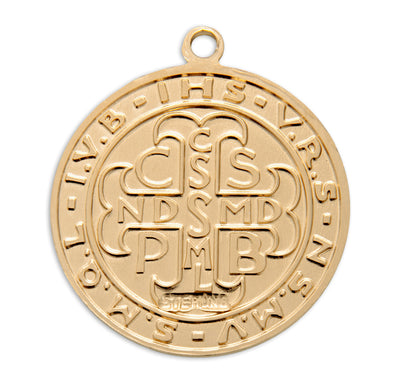 Back of St Benedict Crux S.P. Benedicti Round Gold/Sterling Medal with chain, HMH Religious