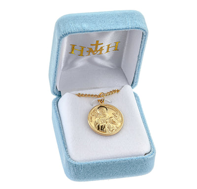 St Benedict Crux S.P. Benedicti Round Gold/Sterling Medal in a deluxe gift box, HMH Religious