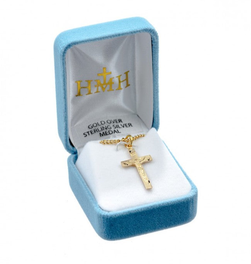 HMH Religious Basic Engraved Gold over Sterling Silver Medal Crucifix in Box,