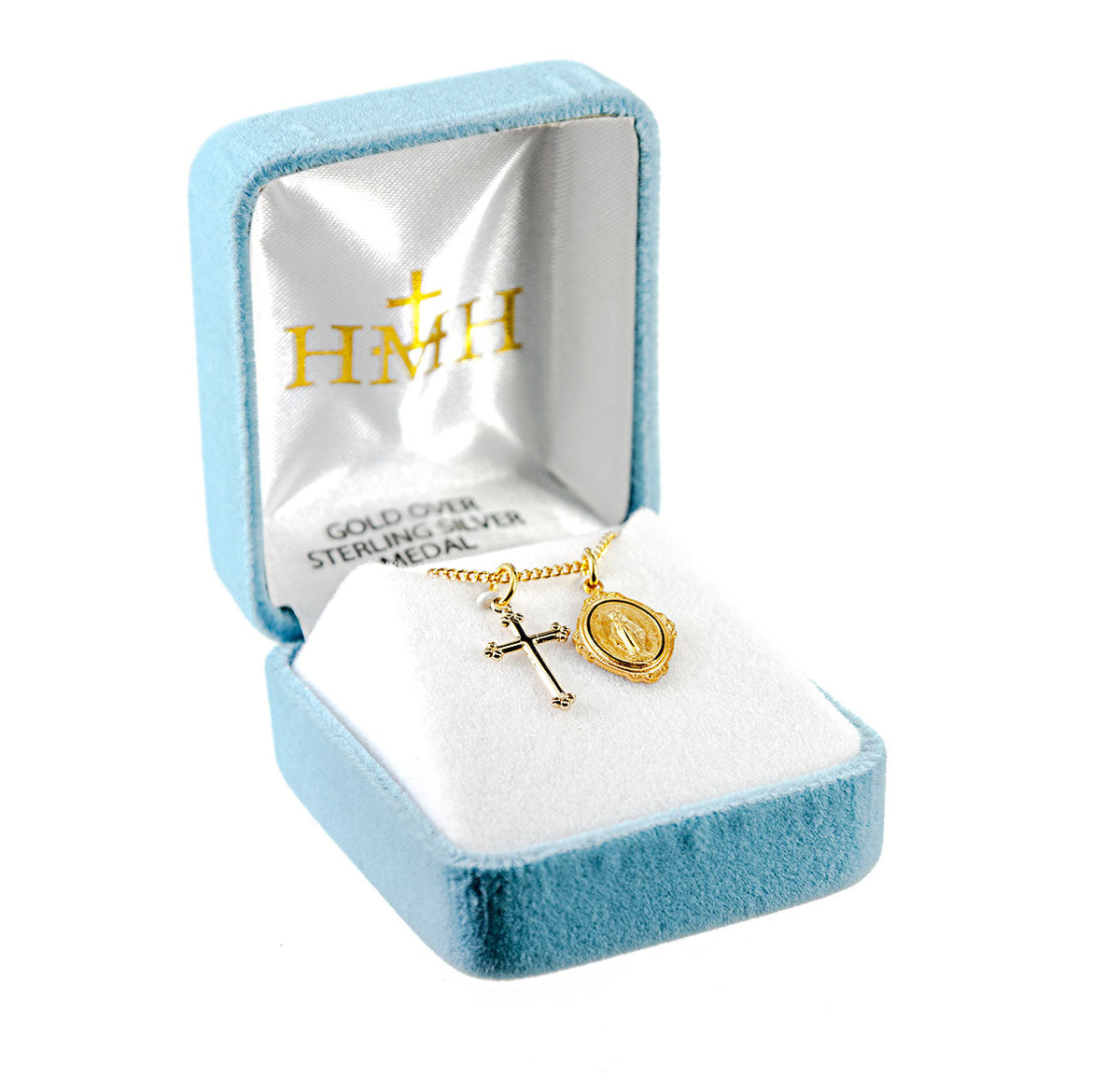 HMH Religious Gold over Sterling Silver Miraculous and Cross Necklace