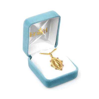 Miraculous Gold and Sterling Silver Necklace with Pink Austrian Crystals in gift box, HMH Religious