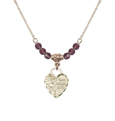 Gold-filled St Michael Heart Beaded Necklace with Amethyst Crystals, Bliss Manufacturing