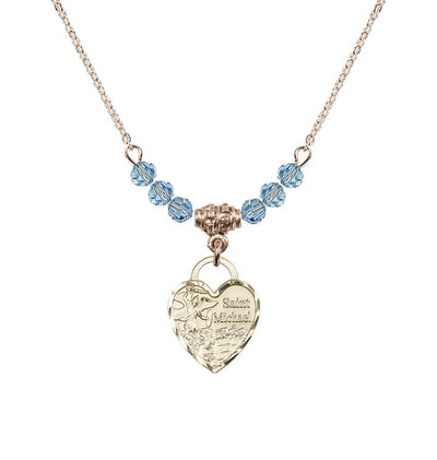 Gold-filled St Michael Heart Beaded Necklace with Aqua Crystals, Bliss Manufacturing