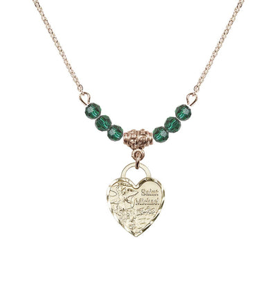 Gold-filled St Michael Heart Beaded Necklace with Emerald Crystals, Bliss Manufacturing