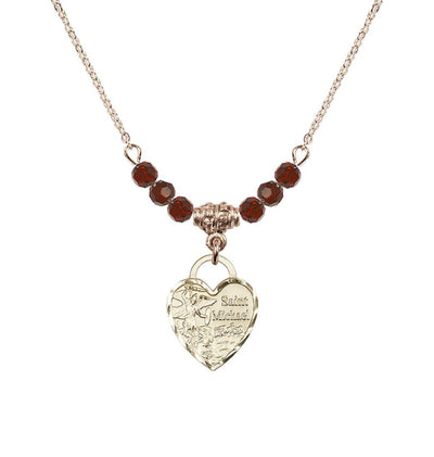 Gold-filled St Michael Heart Beaded Necklace with Garnet Crystals, Bliss Manufacturing
