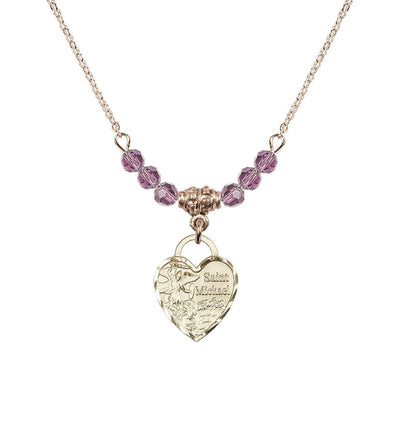 Gold-filled St Michael Heart Beaded Necklace with Light Amethyst Crystals, Bliss Manufacturing