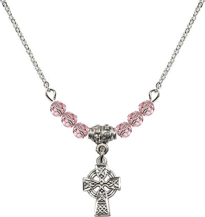 Irish Celtic Cross Sterling Silver Beaded Necklace in Light Rose, Bliss Manufacturing