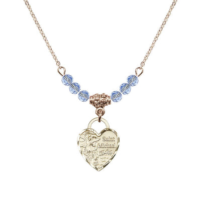 Gold-filled St Michael Heart Beaded Necklace with Light Sapphire Crystals, Bliss Manufacturing