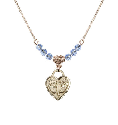 Gold-filled Holy Spirit Confirmation Heart 4mm Light Sapphire Crystal Birthstone Beaded Necklace, Bliss Manufacturing