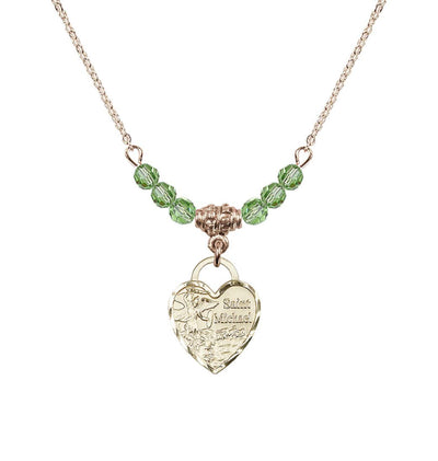 Gold-filled St Michael Heart Beaded Necklace with Peridot Crystals, Bliss Manufacturing