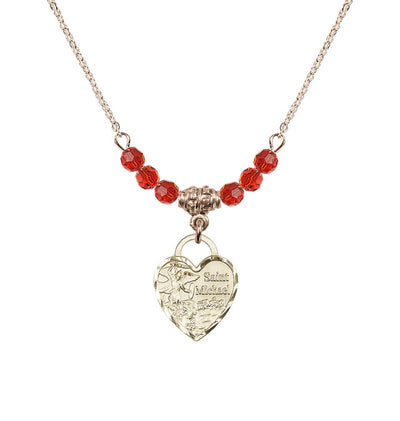 Gold-filled St Michael Heart Beaded Necklace with Ruby Crystals, Bliss Manufacturing