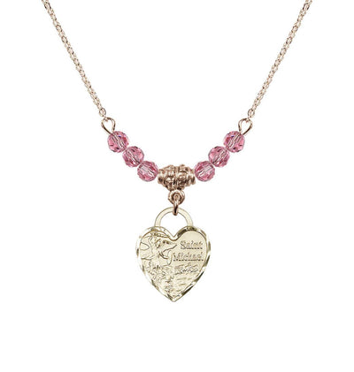 Gold-filled St Michael Heart Beaded Necklace with Rose Crystals, Bliss Manufacturing