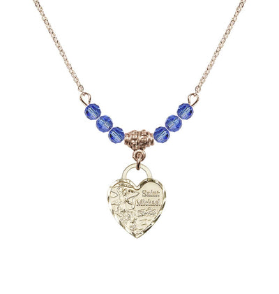 Gold-filled St Michael Heart Beaded Necklace with Sapphire Crystals, Bliss Manufacturing