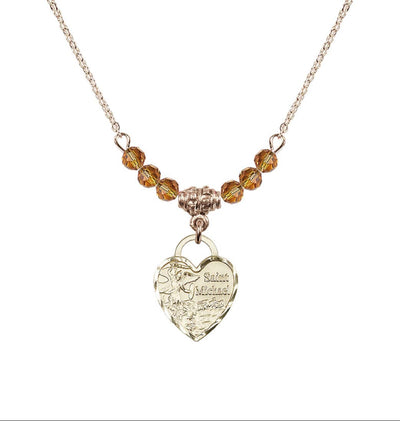 Gold-filled St Michael Heart Beaded Necklace with Topaz Crystals, Bliss Manufacturing