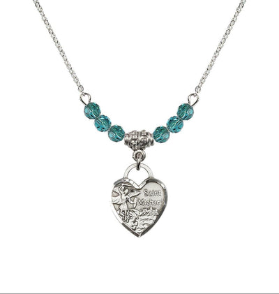 Sterling Silver Heart St Michael Beaded Necklace with Zircon Crystals, Bliss Manufacturing