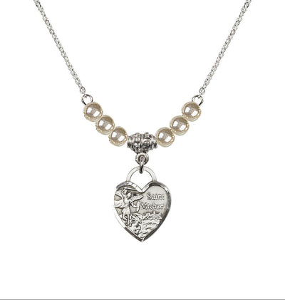 Sterling Silver Heart St Michael Beaded Necklace with Faux Pearls, Bliss Manufacturing