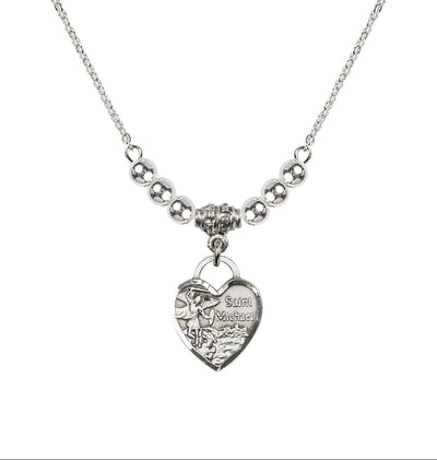 Sterling Silver Heart St Michael Beaded Necklace with Sterling Beads, Bliss Manufacturing