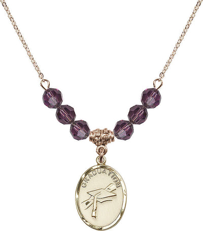 Graduation Heart Oval Gold-filled Amethyst 6mm Beaded Necklace, Medal Measures 3/4-inch tall by 1/2-inch wide, Bliss Manufacturing