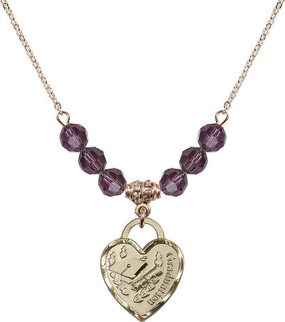 Large Gold-filled Graduation Heart 6mm Light Amethyst Beaded Necklace, Measures 3/4-inch tall by 5/8-inch wide, Bliss Manufacturing