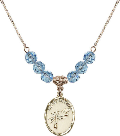 Graduation Heart Oval Gold-filled Aqua 6mm Beaded Necklace, Medal Measures 3/4-inch tall by 1/2-inch wide, Bliss Manufacturing